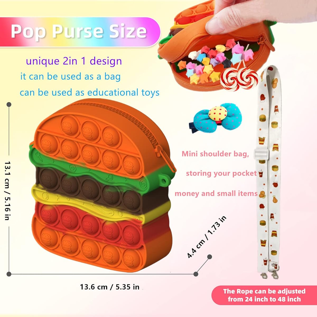 Pop Handbag Bag 2 in 1 Poppet Bag Fidget Toy with Adjustable Shoulder Strap Silicone Small Wallet Gift for Kids