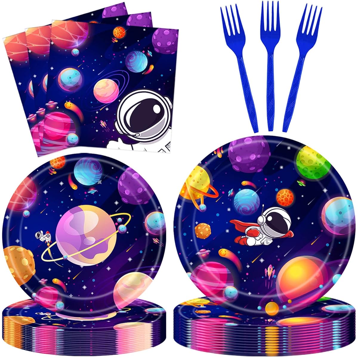 Vynpidu Space Themed Party Supplies Serves 24 Space Plates and Napkins Set for Kids Space Birthday Decorations Total 96 Pieces