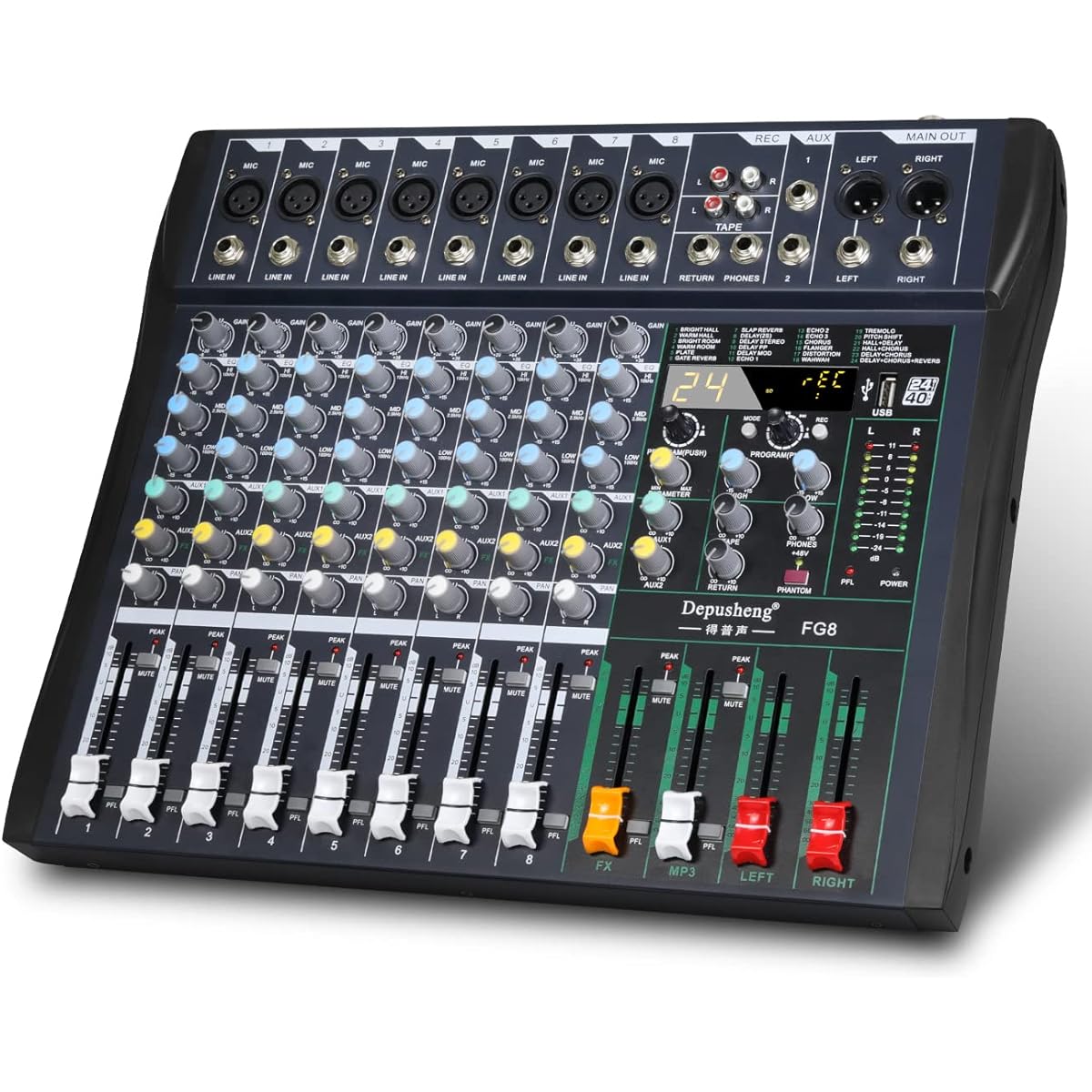 Depusheng FG8 Professional DJ Sound Controller with 24 DSP Effects 8 Channel Mixer MP3 Player Bluetooth Input 48V Phantom Power 3 Band Equalizer, Suitable for Bar Performance Studio