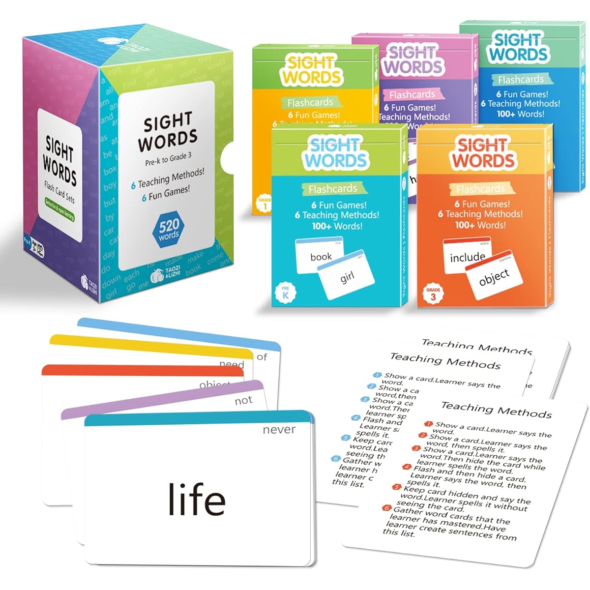 TAOZI&LIZHI 520 Sight Words Flash Cards Set for Kindergarten 1st Grade/2nd Grade/3rd Grade Homeschool (Ages 3/4/5/6/7/8/9) Dolch and Fry High Frequency Sight Words/Learning Vocabulary