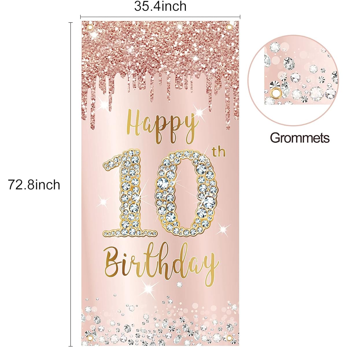 Happy 10th Birthday Door Banner Backdrop Decoration Pink Rose Gold 10th Birthday Party Door Cover Sign Supplies Large 10th Birthday Poster Background Photo Booth Props Decor
