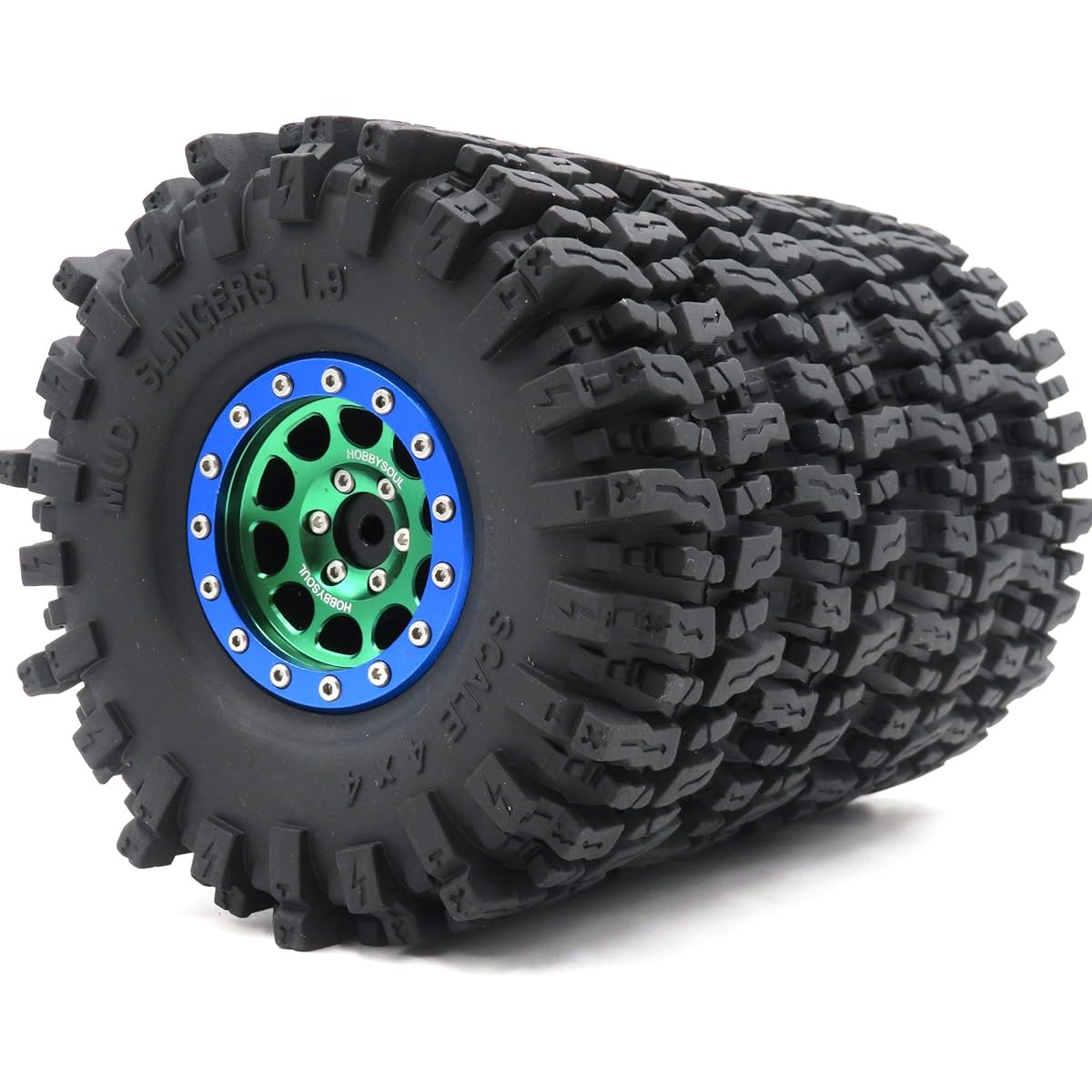 RC 1.9 Mud Slinger Tire Super Grip Tire Height (OD) 120mm / 4.72'' & Aluminum 1.9 Beadlock Wheel Rim Blue/Black/Green 4pcs