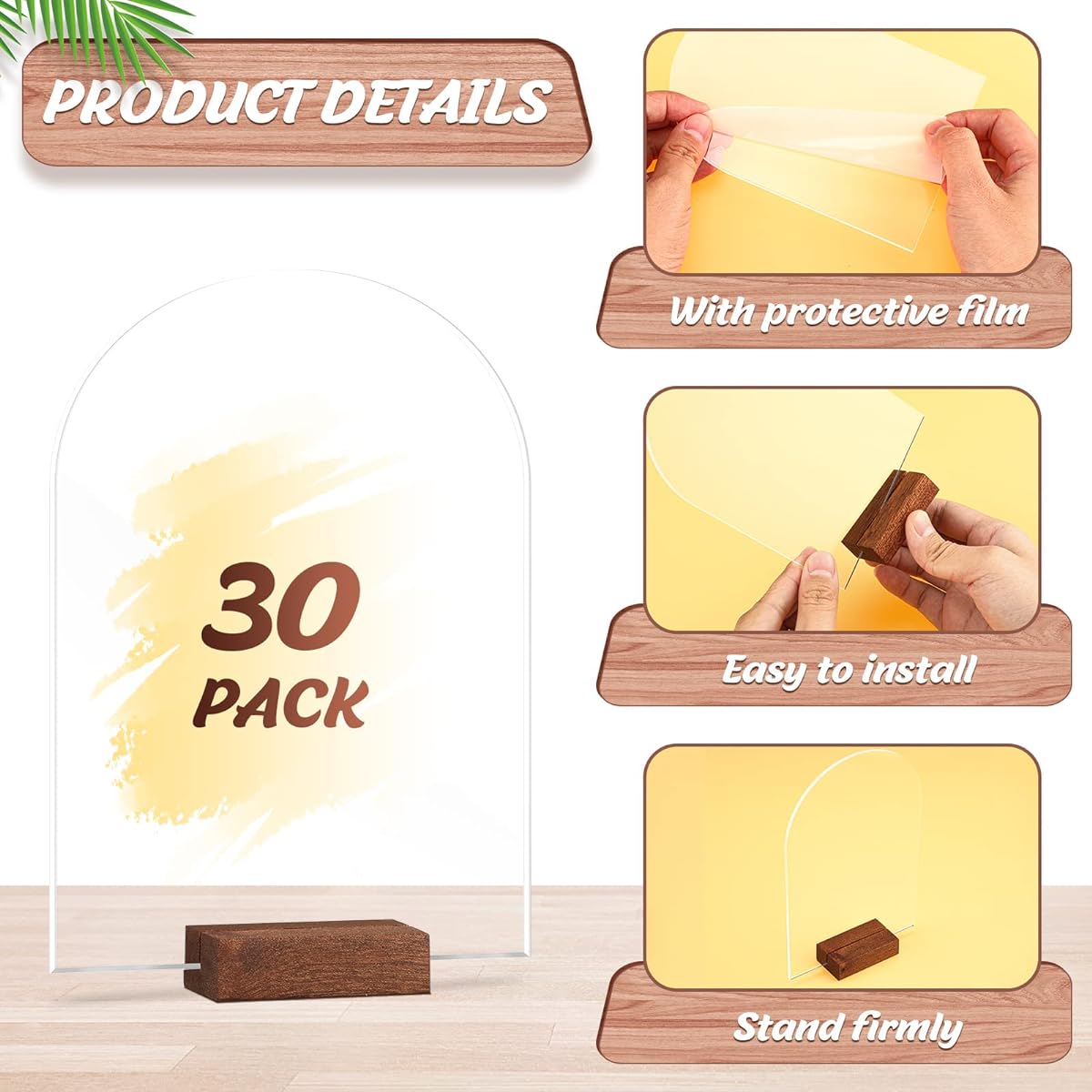 30 Sets 4 x 6 Inch Clear Arch Acrylic Sign with Wooden Base Holder Acrylic Table Number Sign Round Top Acrylic Blank DIY Wedding Sheet Table Centerpiece Wedding Event Party Restaurant Decor