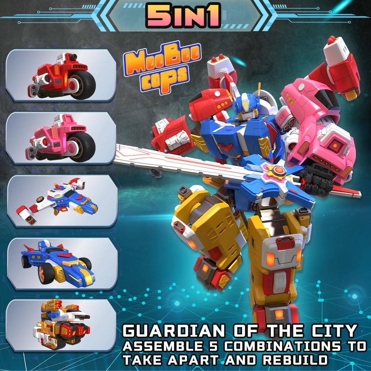 Wenbeier 5-in-1 Transforming Toy Car Robot Toys Kids 8 Inch Vehicle Set for Boys, Red Pink Yellow Blue