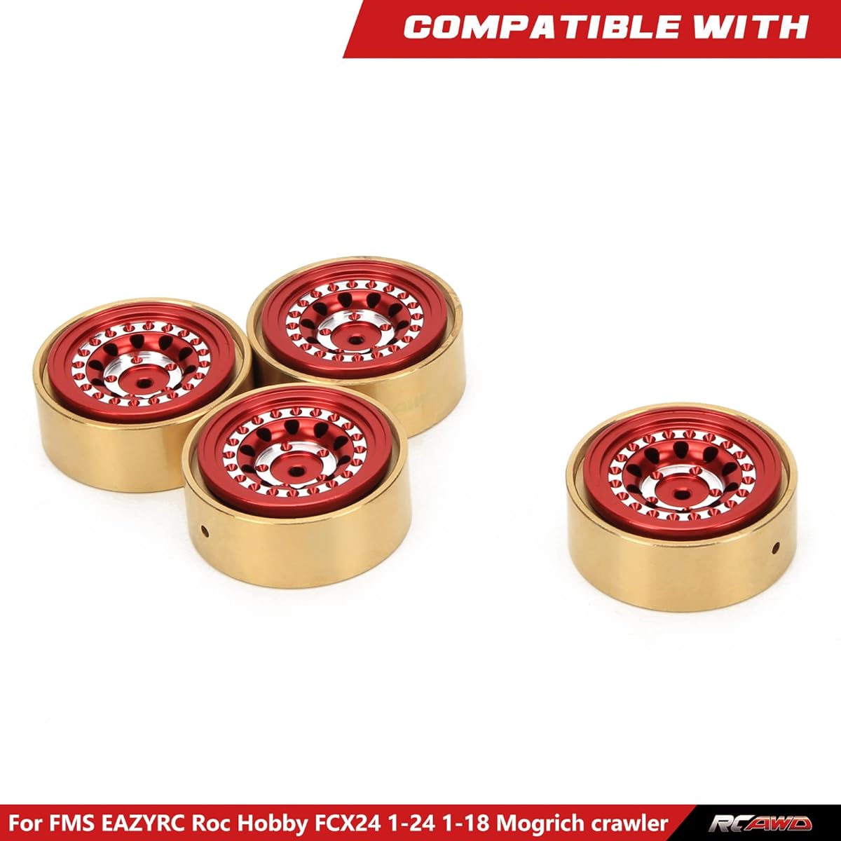 RCAWD Brass Weights 312g & Beadlock No Glue RC Wheels for FMS EAZYRC ROC Hobby FCX24 1/24 1/18 Mogrich Crawler Upgrade 36.5 * 17.5mm Part #C3004 Red