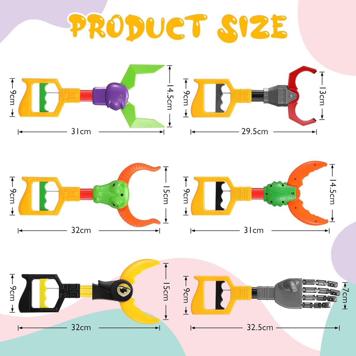 Woanger 6 Pieces Interactive Toy Grabber Robot Hand & Robot Claw Assorted Styles Set Plastic Animal Claw Grabber Robot Hand Grabbing Tool Fun Early Learning Gift for Eye Hand Coordination 12 Inch