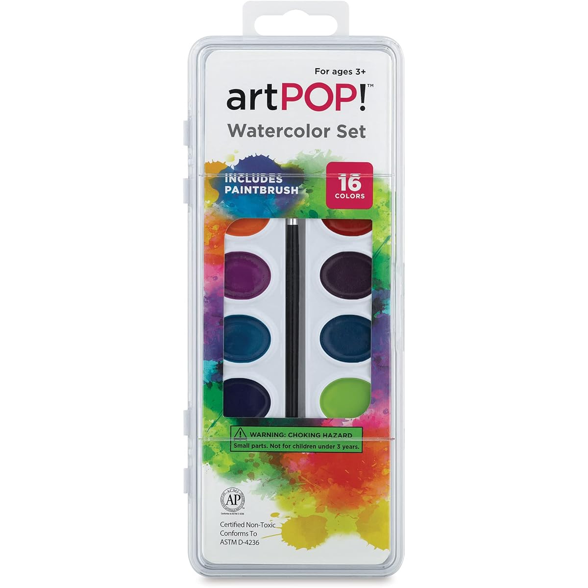 Set of 16 vibrant colors with paintbrushes, washable, non-toxic formula, white case, built-in mixing well