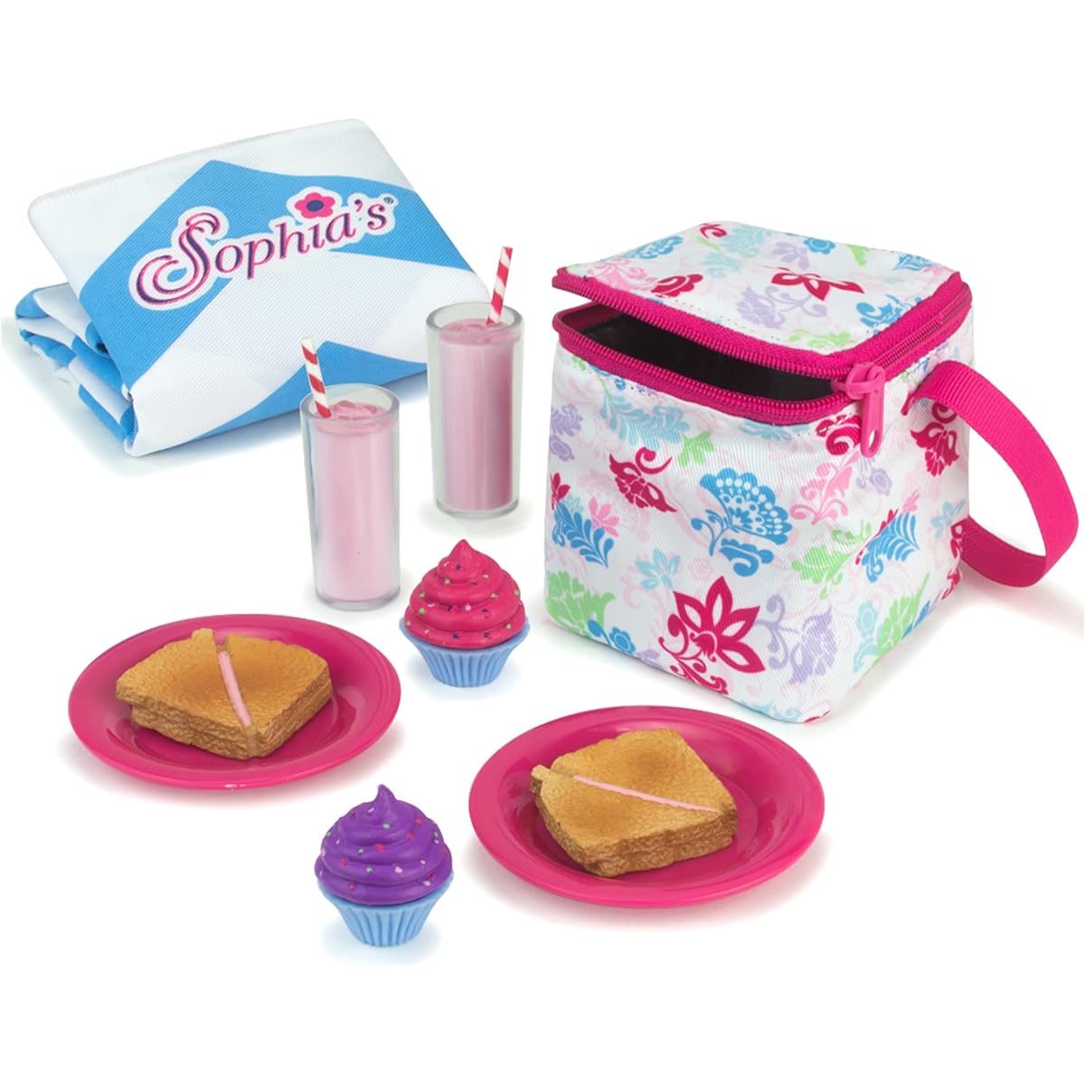 Sophia's Doll Food Picnic Playset of 12 Pieces, Thermal Cooler, Matching Picnic Blanket, 2 Pink Lemonade Glasses, 2 Plates, 2 Napkins, 2 Ham Sandwiches & 2 Cupcakes Perfect for 46cm American Dolls