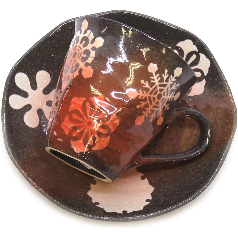 Kutani ware pottery coffee cup pair set with snow ring pattern