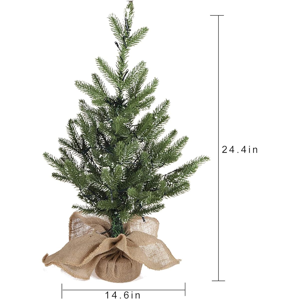 MorTime 24" Mini Artificial Christmas Tree with 50 LED Lights, 2ft Tabletop Christmas Pine Tree with 29 Tips, Burlap Wood Base, Christmas Winter Home Decoration