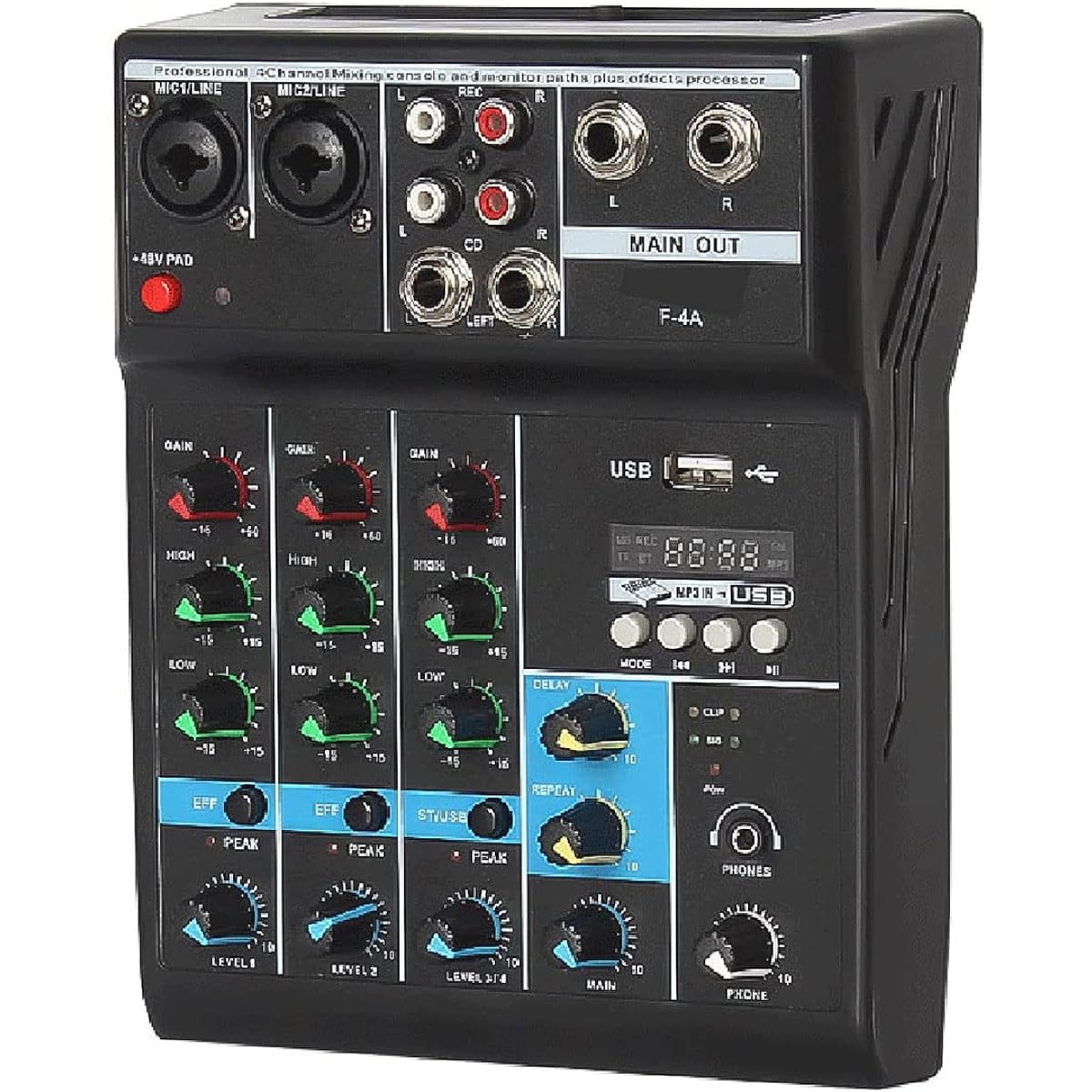 Professional 4 Channel Mixing Console, Mini USB Mixer, Sound Card Effect Console Computer Tuning Sound Card Mixer, BT Connection Reverb Gain Treble and Bass Adjustment