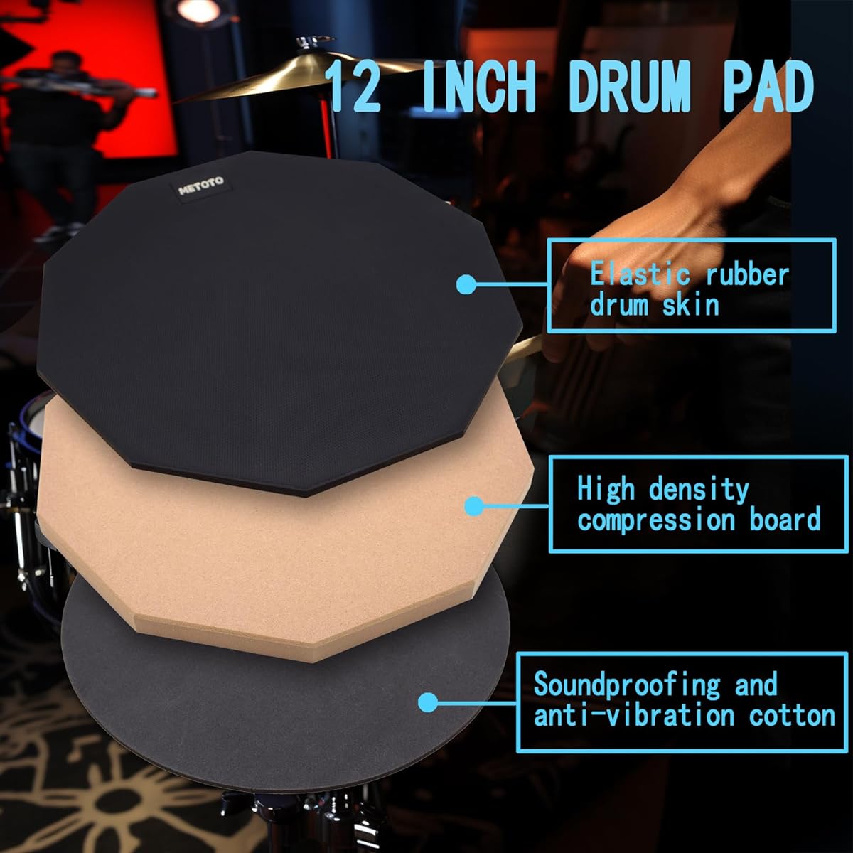METOTO Snare Drum Practice Pad Kit with Stand, 12" Double-Sided Practice Drum Pad Set, Adjustable Height 14.5~23" Snare Drum Stand with Drum Pad and Sticks