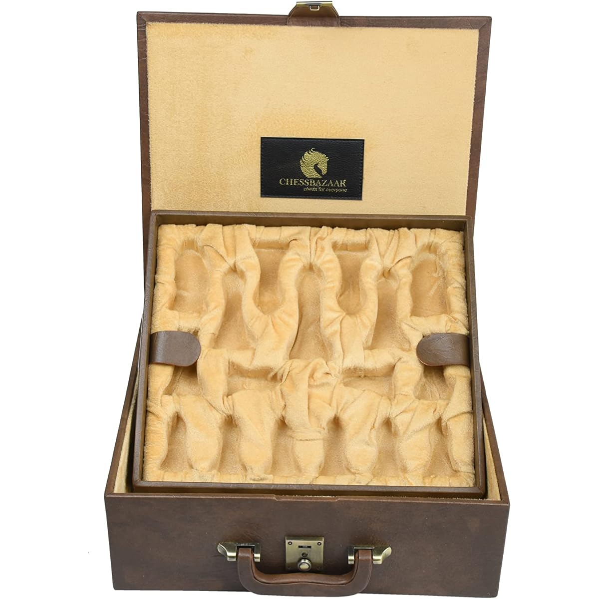 CHESSBAZAAR Brown Faux Leather Chess Set Storage Box Cooffer Double Tray Fixed Slots for 3.75"-4.1" Pieces