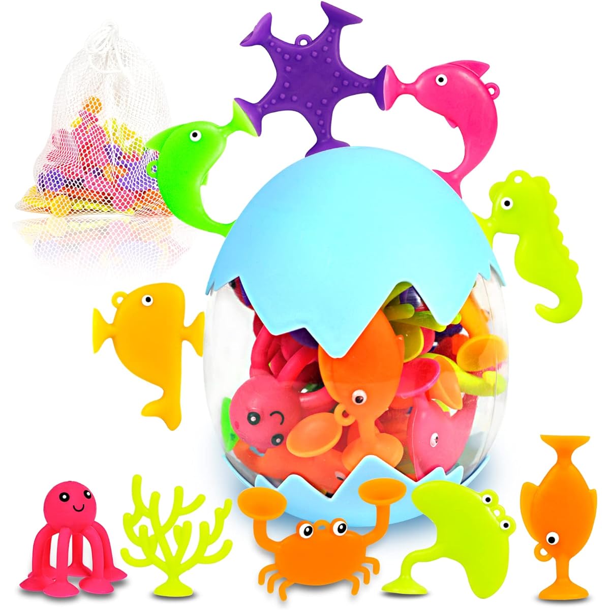 Suction Cup Bath Toys for Kids Montessori Silicone Sea Animal Suction Toys with Dinosaur Eggshell and Storage Bag, Fine Motor Window Building Toys for Toddlers Boys Girls Ages 3 4 5 6
