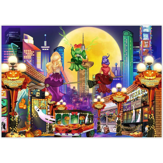 Allenjoy 84" x 59" Halloween Magic Witches Town Street Backdrop for Kids Full Moon Night I Smell Children Costume Birthday Baby Shower Party Supplies Decorations Banner Photo Booth Props Background