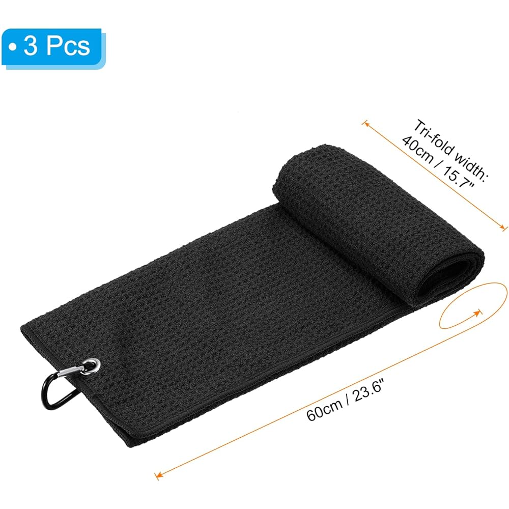 PATIKIL 60 x 40 cm Tri-Fold Golf Towel 3 Pieces Waffle Pattern Towel Soft Fiber Strong Water Absorption with D Clip for Golf Enthusiasts Black