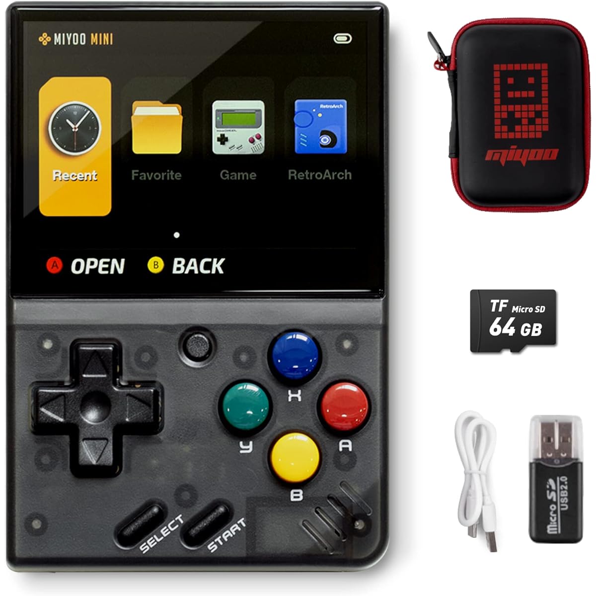 Miyoo Mini V2 Handheld Game Console 2.8" HD Retina Screen Deeply Optimized Open Source Retro Game Console Super Smooth Game No Lag 64G TF Card Supports 10000+ Games (Black Transparent)