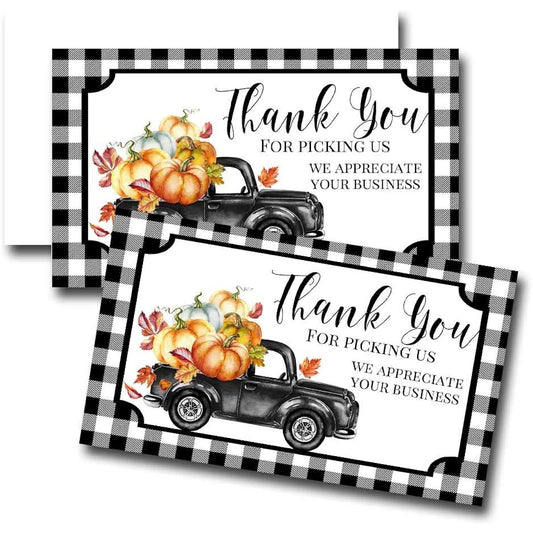 AmandaCreation Pickup Truck Black Buffalo Plaid with Pumpkin Fall Theme Customer Thank You Small Business 2" x 3.5" 100 Single Sided Insert Cards