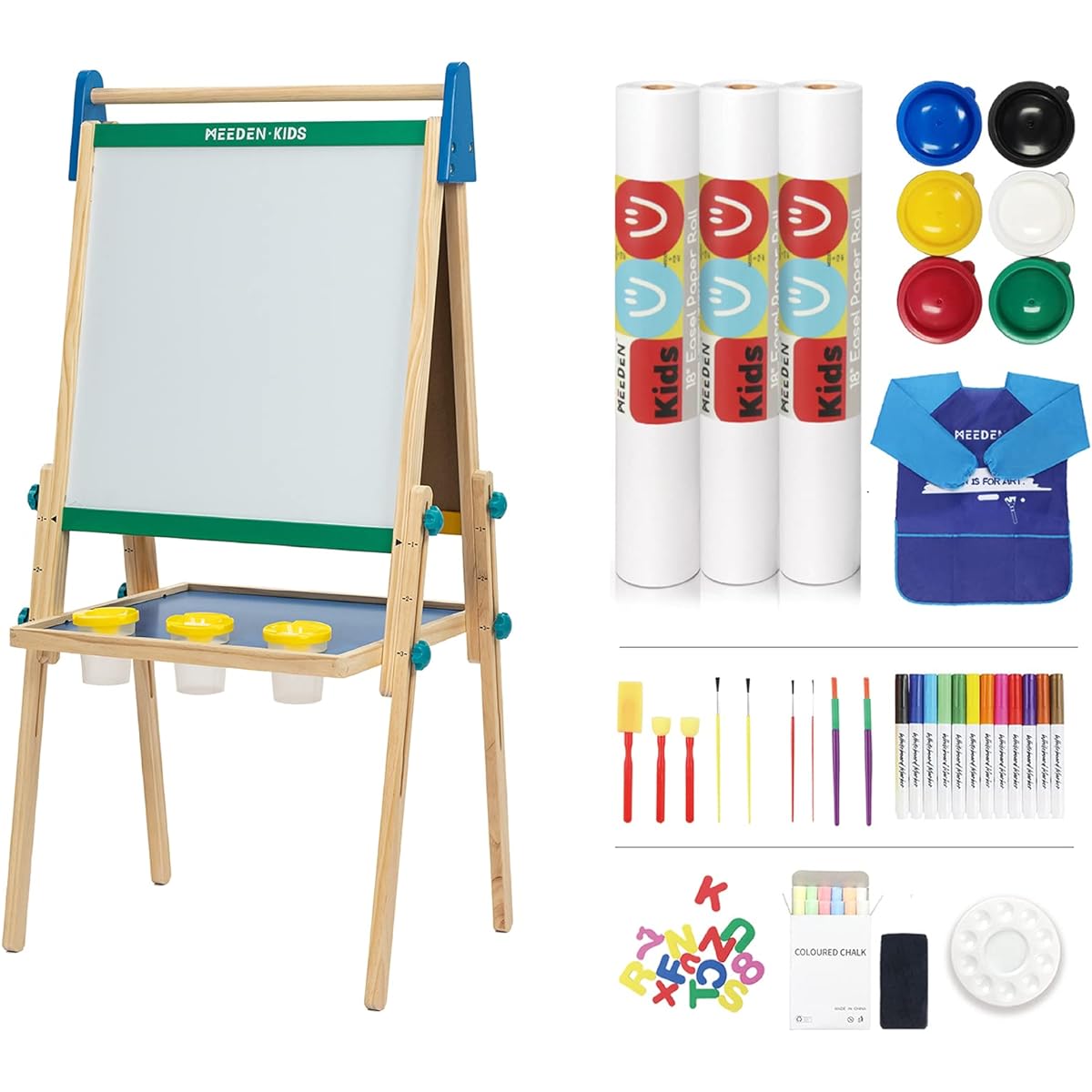 MEEDEN Kids Art Easel for Toddlers Ages 2-8, Double-Sided Magnetic Chalkboard & Whiteboard, Deluxe Adjustable Standing Toddler Easel, 3 Paper Rolls, 6 Finger Paints, All-in-One Kids Art Accessories