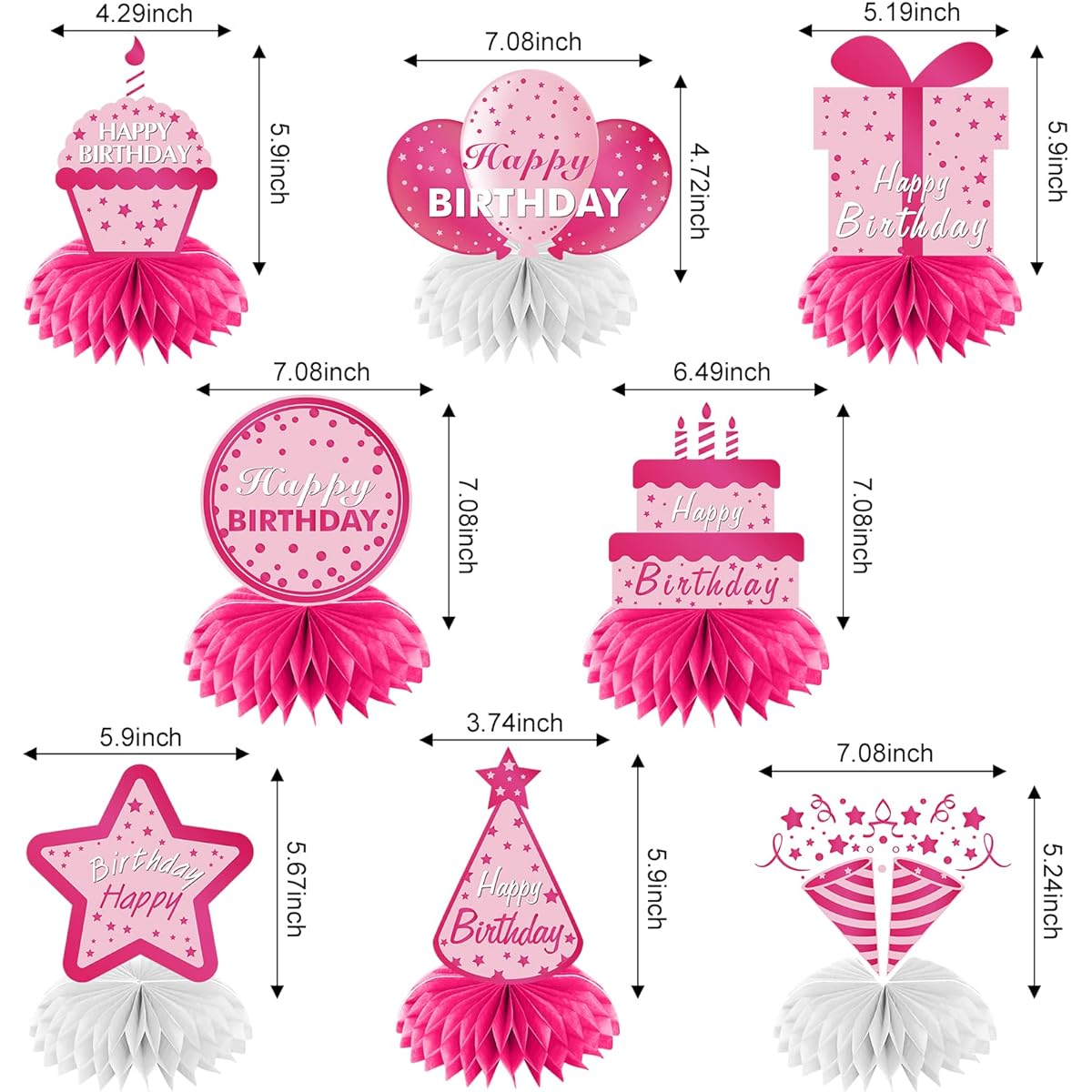 8pcs Happy Birthday Decorations Honeycomb Centerpieces Party Supplies for Girls,Hot Pink Birthday Honeycomb Table Decor,Happy Birthday Table Centerpiece Sign