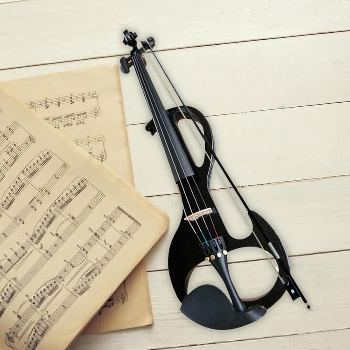 aternee Electric Violin Set Solid Wood Silent Electric Violin Stringed Instrument with Fittings and Hard Case for Beginners and Adults, Black Blue