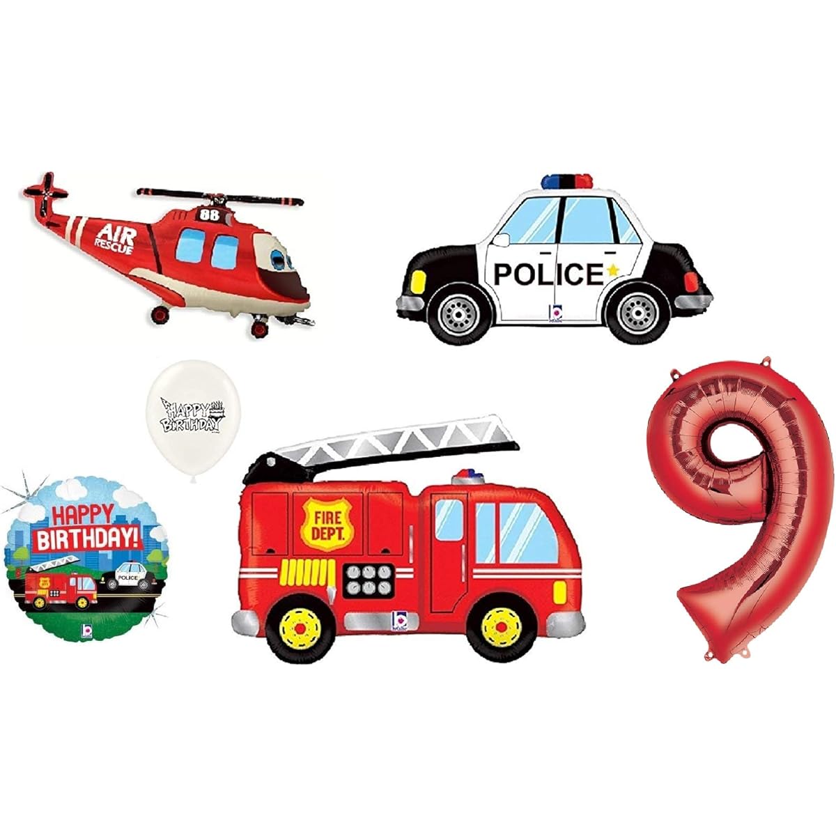 Red Number (1st and 9th Birthday Option) Rescue Team Ambulance Fire Engine Police First Responder Theme Birthday Party Balloon Bouquet Set (9th Birthday)