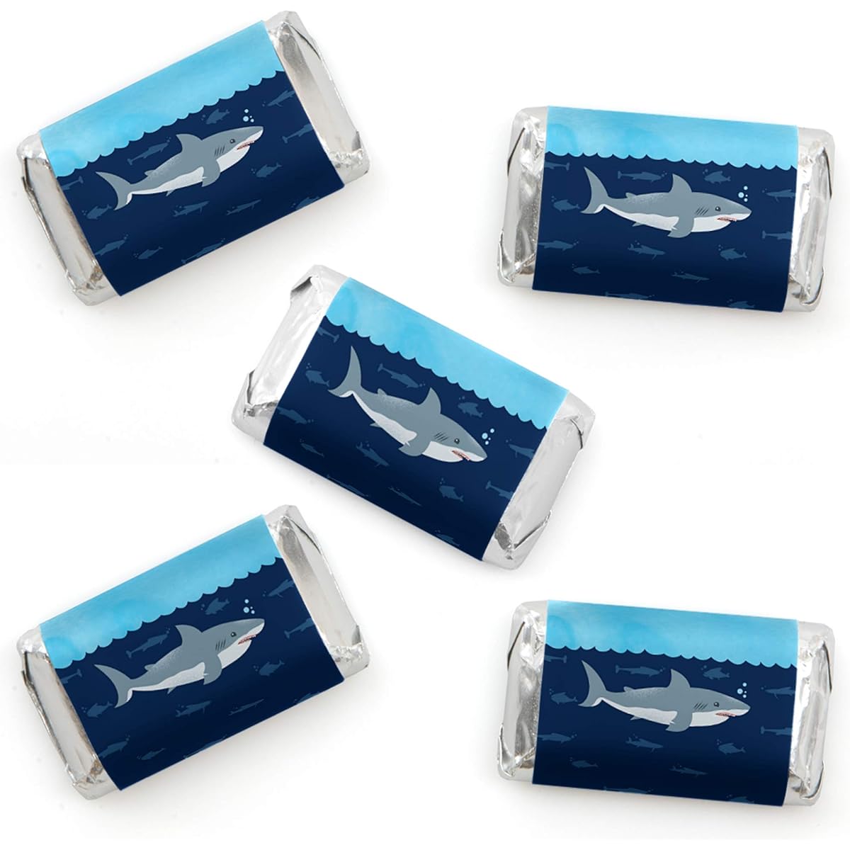 Big Dot of Happiness Shark Zone - Mini Candy Bar Wrapper Stickers - Jawsome Shark View Week Party or Birthday Party Accessories - 40 Sheets