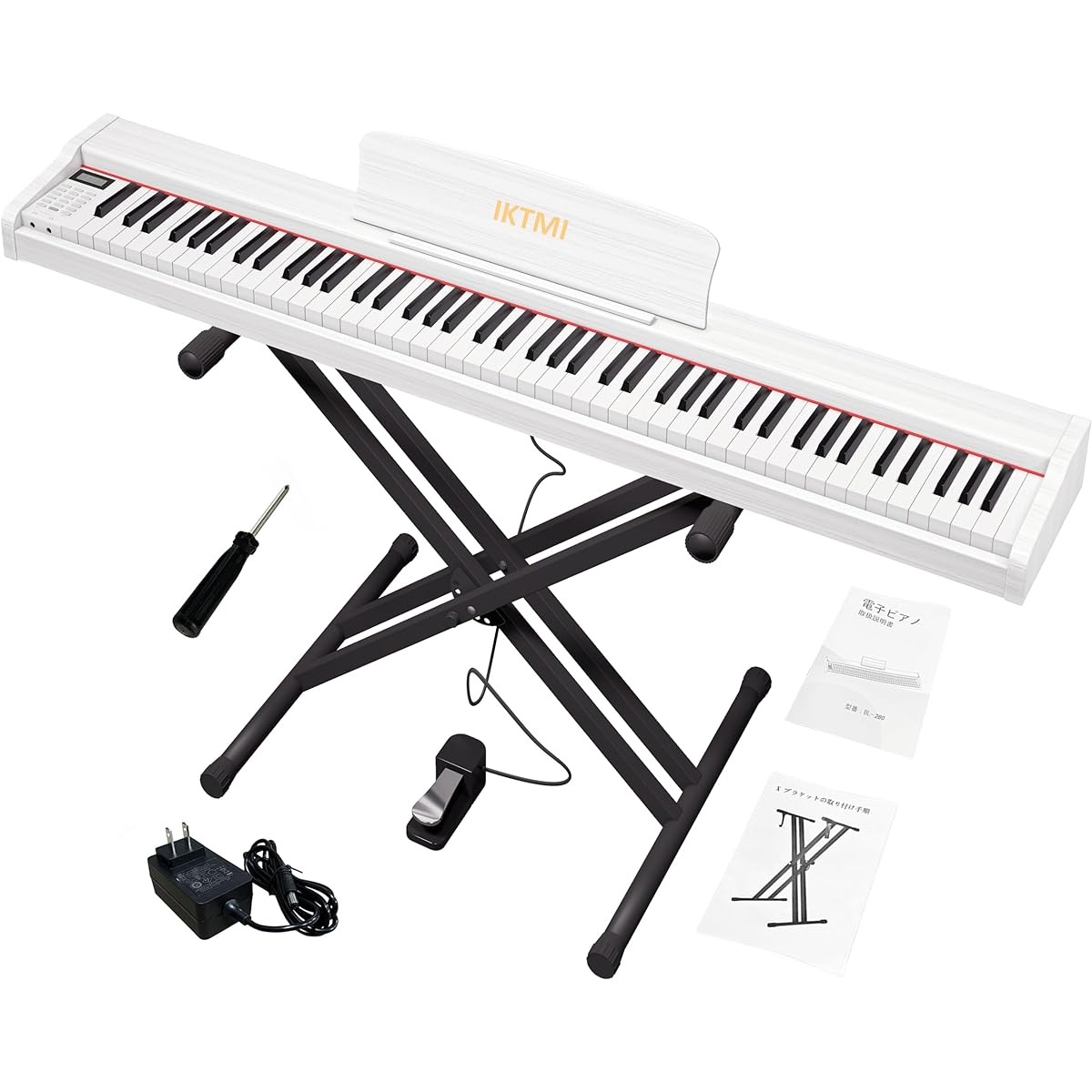 IKTMI Electronic Piano, 88 Keys, Electronic Piano, Wooden, 88 Keys, Electronic Piano Stand Set, Portable Piano, MIDI Compatible, Portable Piano, Beginner, Children, Pedal Included, X Holder Included, Portable, White