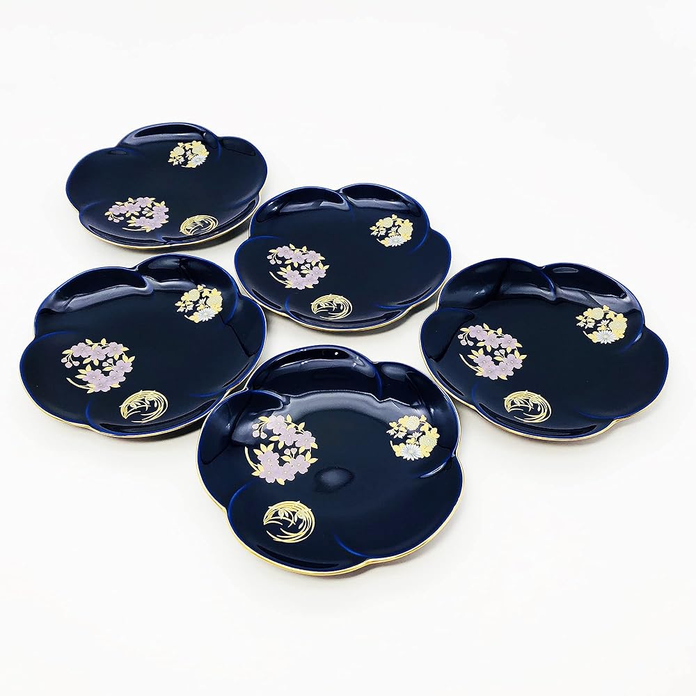 Koransha Mein Plate Ruri Hanamaru Crest Lazuli 12.7cm R3003-FS4 Set of 5
