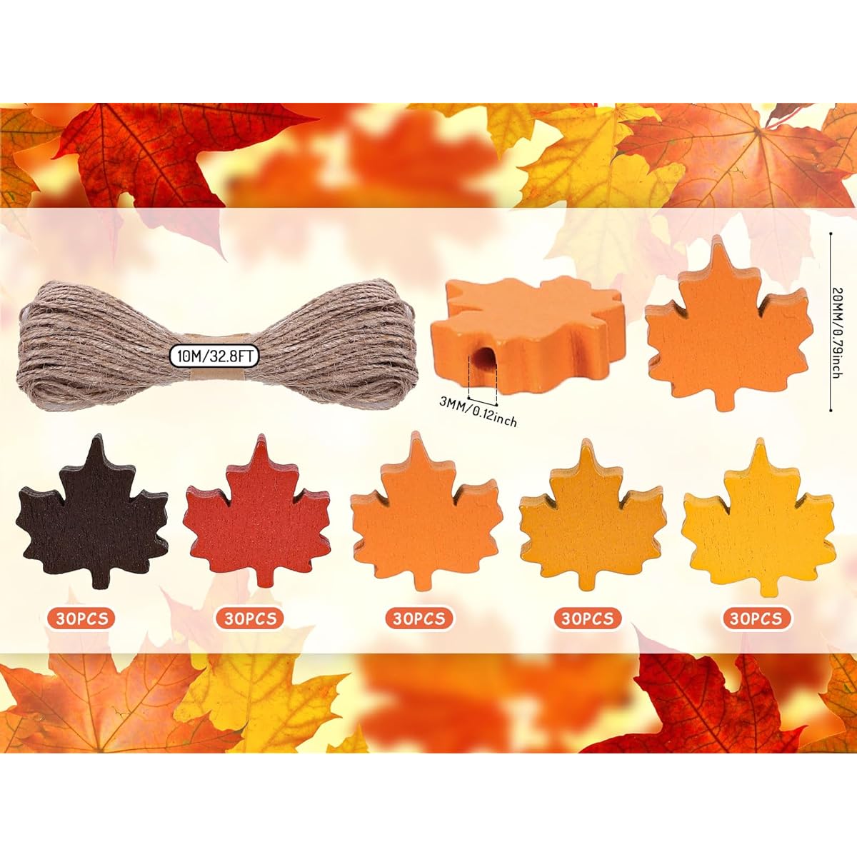 Whaline Autumn Maple Leaf Wood Beads with Hemp Rope Rustic Farmhouse Maple Spacer Beads with Holes Thanksgiving Loose Beads Autumn Tiered Tray Garland DIY Craft Farmhouse Home Decoration 150 Pieces