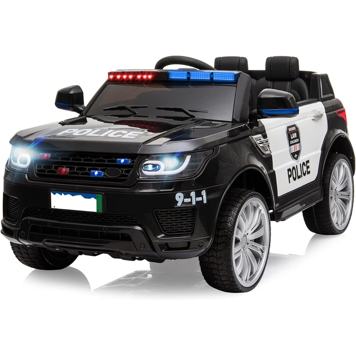 JOINATRE 12V Kids Police Car with Car Cover Battery Operated Electric Police Car with Remote Control Intercom Siren Flashing Light Horn Music Suspension Boys Girls Black