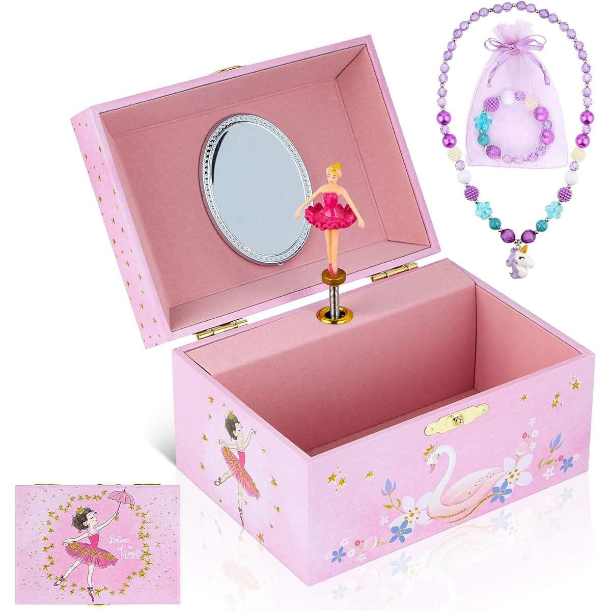 Taduoduo Girls Music Box Jewelry Box Organizer with Jewelry Set Glittering Pink Spinning Ballerina Theme Swan Lake Tune Jewelry Storage and Music Box for Girls