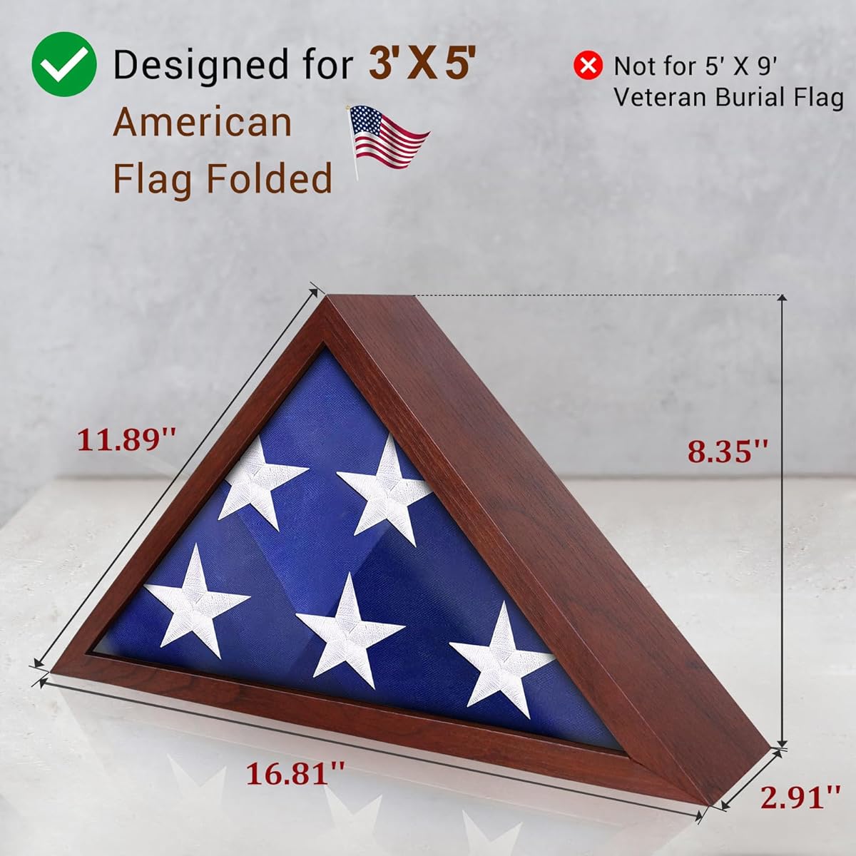 ASmileIndeep Small Flag Display Case, Fits 3'x5' American Flags When Folded, Wall Mounted Flag Box for Veterans, Triangle Flag Frame, Military Flag Shadow Box with HD Glass, Cherry Red
