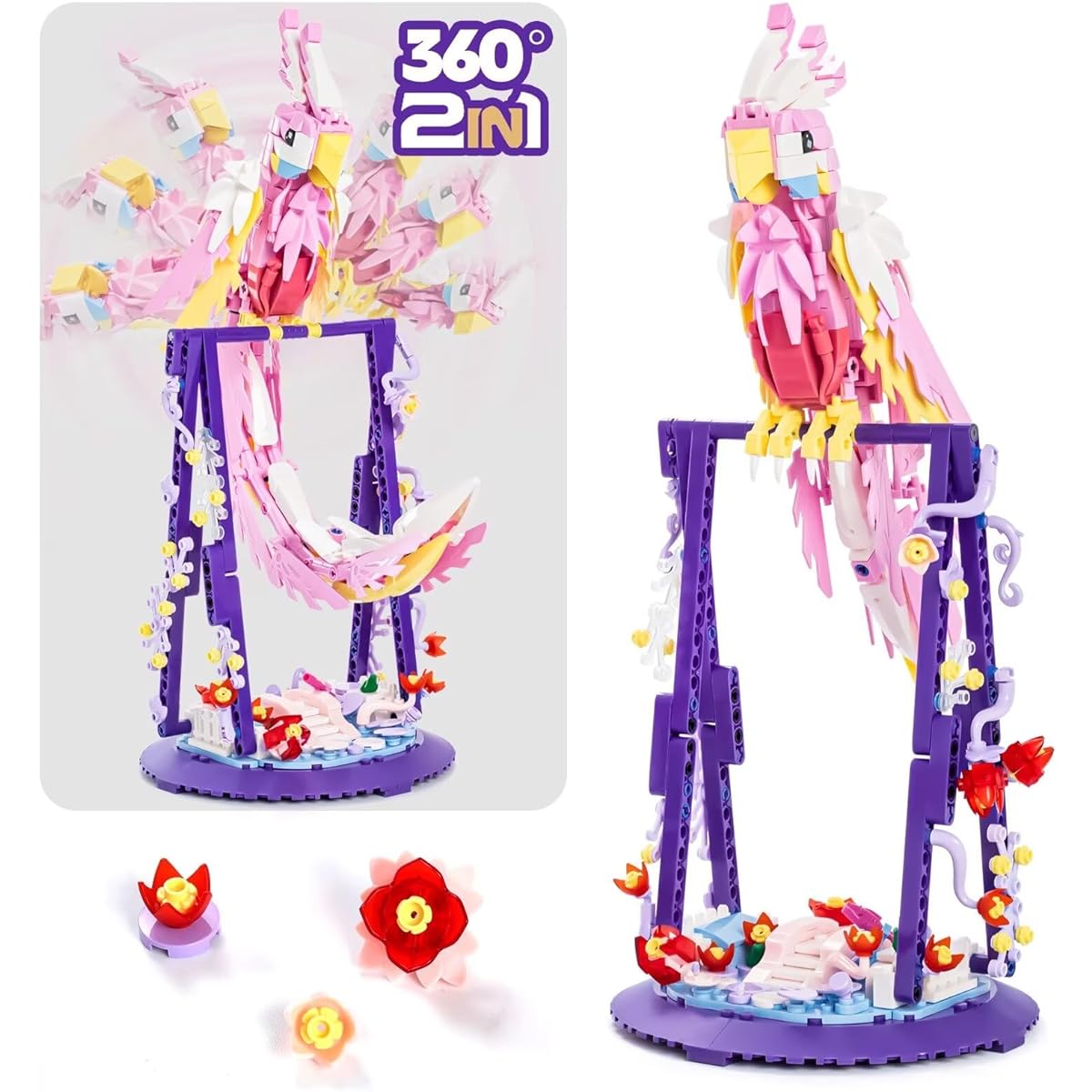 Vocrev Flower and Parrot 2-in-1 Building Set Compatible with Lego Sets for Adults Creative Birds Botanical Collection Set Rotatable 360° Decor for Home Office Boys Girls Ages 8+ 630 Pieces