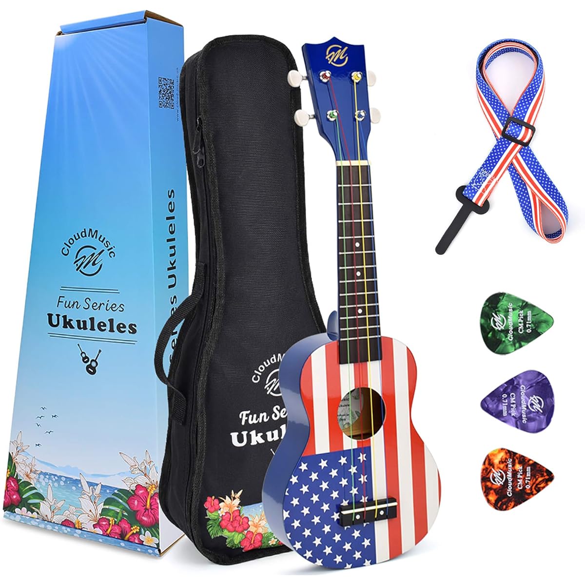 CLOUDMUSIC Ukulele Soprano American Flag High Gloss Aquila Color Kids Educational String