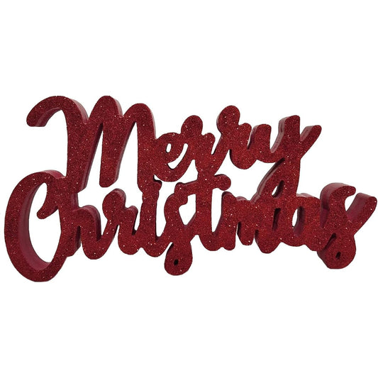 Windy Hill Collection 16" x 8" x 1.5" Merry Christmas Glitter Wood Block Freestanding Tabletop Holiday Home Decor (Red)