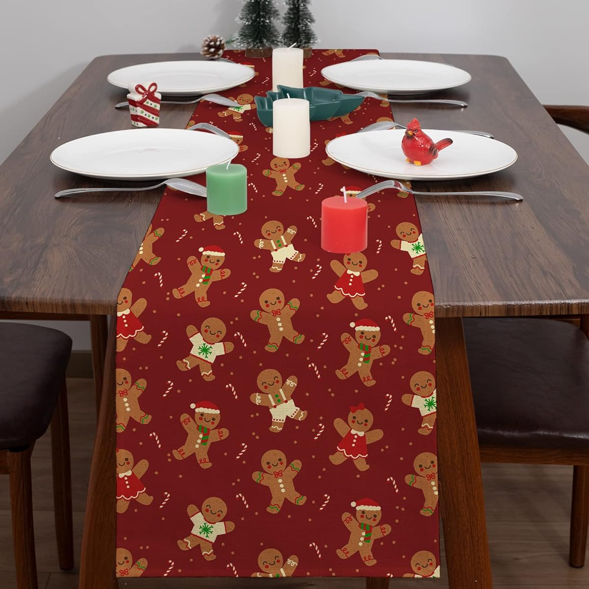 Merry Christmas Gingerbread Table Runner, Gingersnap Red Table Runner 72" Long for Kitchen Dining Table Decor, Christmas Winter Holiday Party Indoor Outdoor Decor