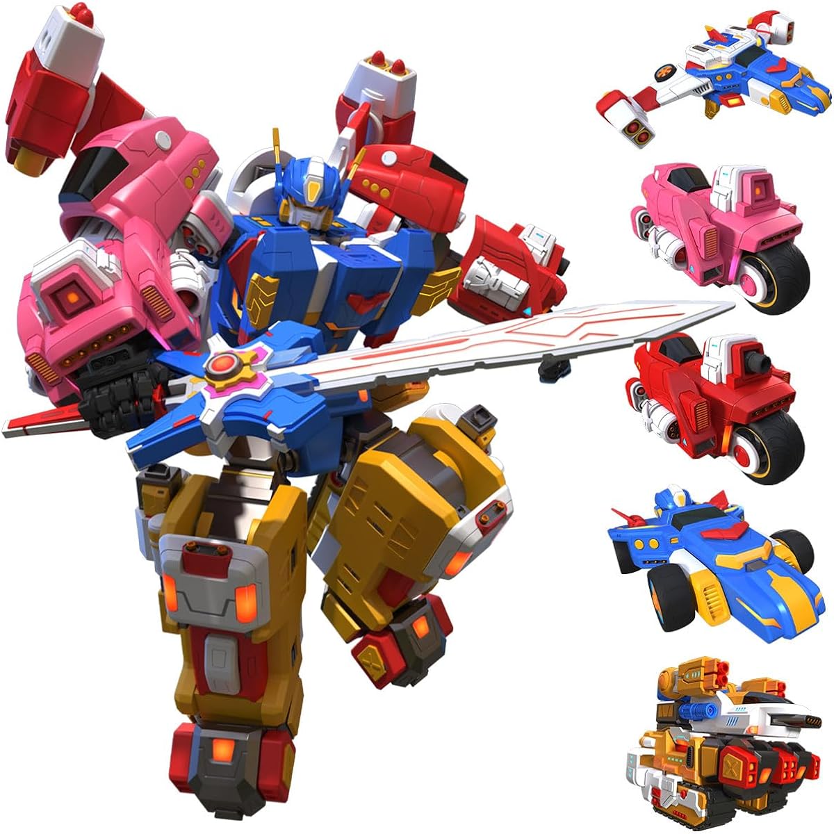 Wenbeier 5-in-1 Transforming Toy Car Robot Toys Kids 8 Inch Vehicle Set for Boys, Red Pink Yellow Blue