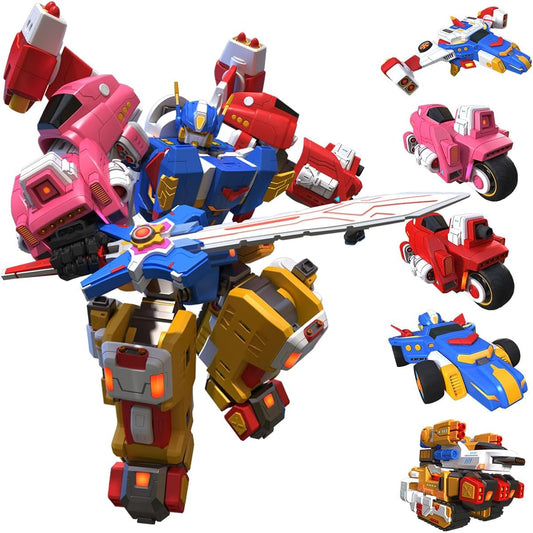 Wenbeier 5-in-1 Transforming Toy Car Robot Toys Kids 8 Inch Vehicle Set for Boys, Red Pink Yellow Blue