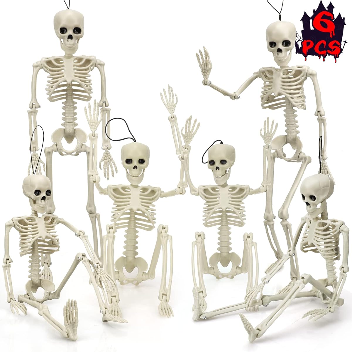 TOY Life 6pcs Halloween Hanging Skeleton Decorations, 16" Poseable Skeletons Halloween Decorations Full Body Movable Joint Plastic Skeletons Small Skeleton Decor Halloween Party Decorations Indoor