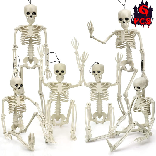 TOY Life 6pcs Halloween Hanging Skeleton Decorations, 16" Poseable Skeletons Halloween Decorations Full Body Movable Joint Plastic Skeletons Small Skeleton Decor Halloween Party Decorations Indoor