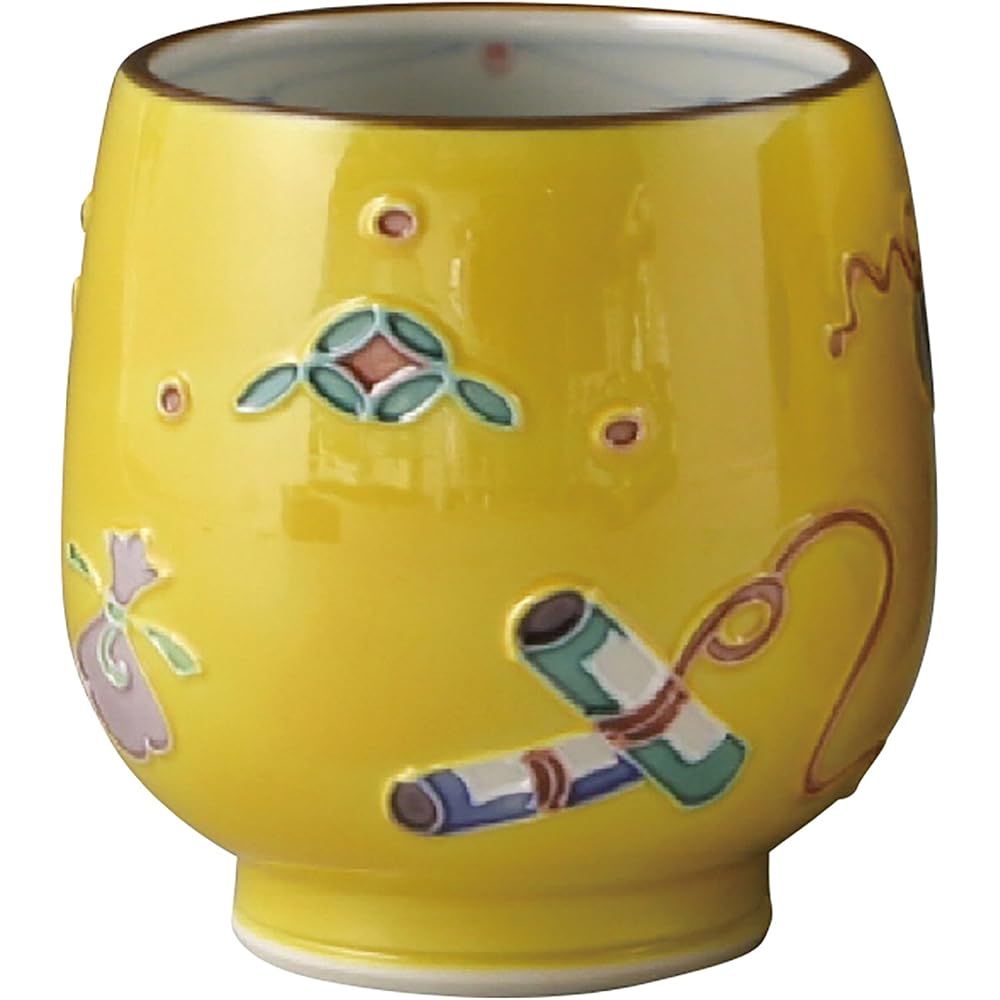 Kyoto ware, Kiyomizu ware, Shoho kiln, set teacup, yellow diagonal, treasure UCK621