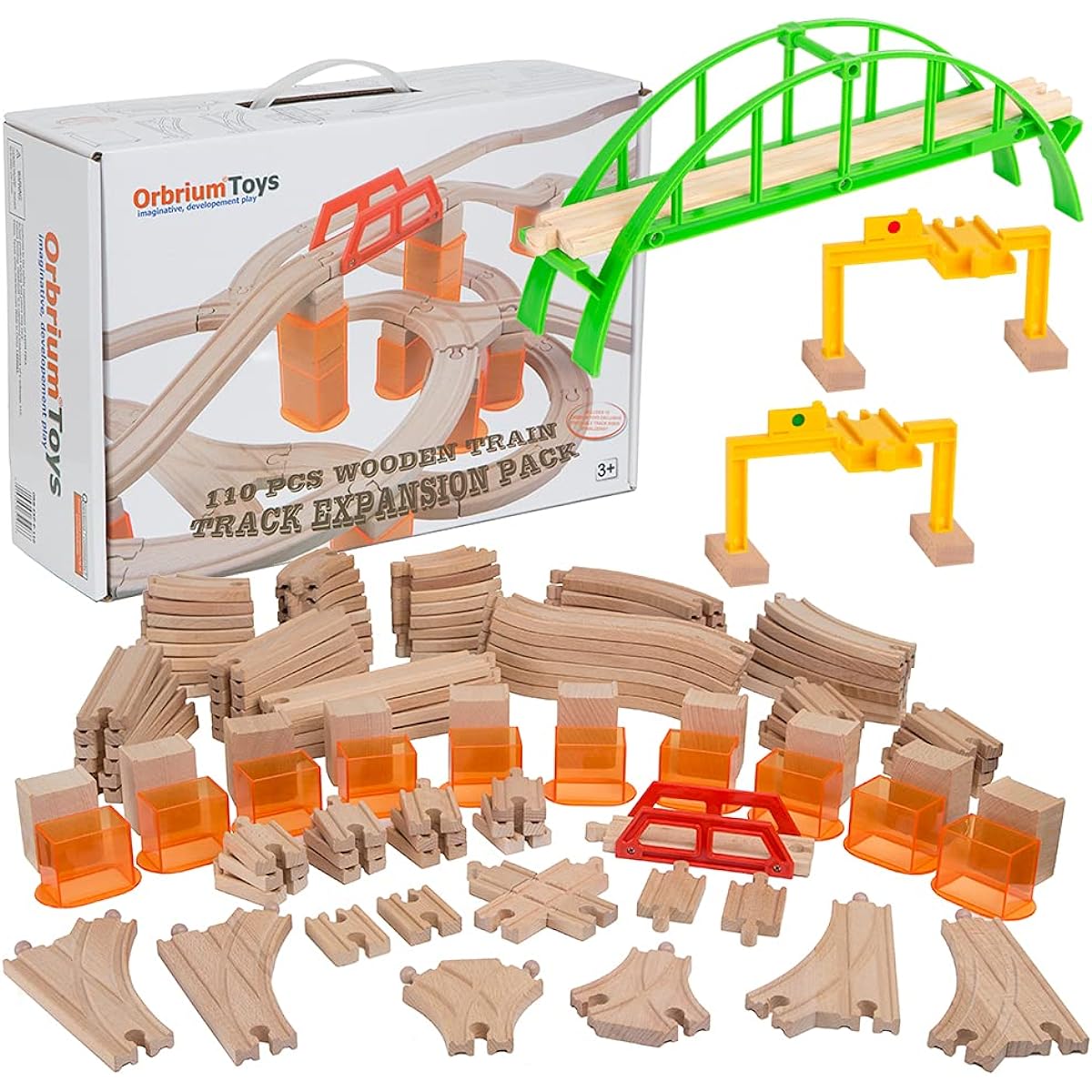 Orbrium Toys 110pc Wooden Train Track Expansion Pack Compatible with Thomas Wooden Trains, Brio Thomas Tank Engine