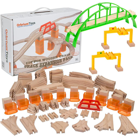 Orbrium Toys 110pc Wooden Train Track Expansion Pack Compatible with Thomas Wooden Trains, Brio Thomas Tank Engine