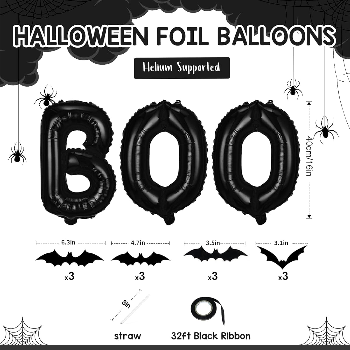BOO Foil Balloon Set with 3D PVC Bats Black 16" Halloween BOO Banner Balloon Kit with 12 Fake Bats Boo Mylar Letter Balloons Horror Halloween Night Party Decoration Supplies