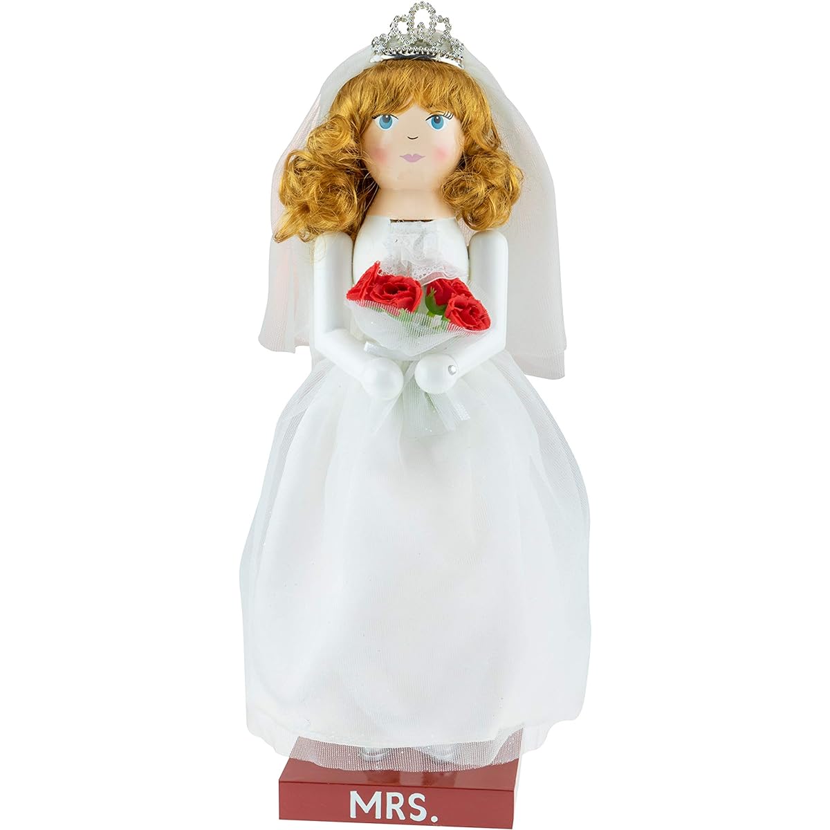 Strictly Briks Clever Creations - Newlywed Christmas Nutcracker - Traditional Wooden Decorative Figurine in White Wedding Gown with Bouquet of Red Roses - 14"
