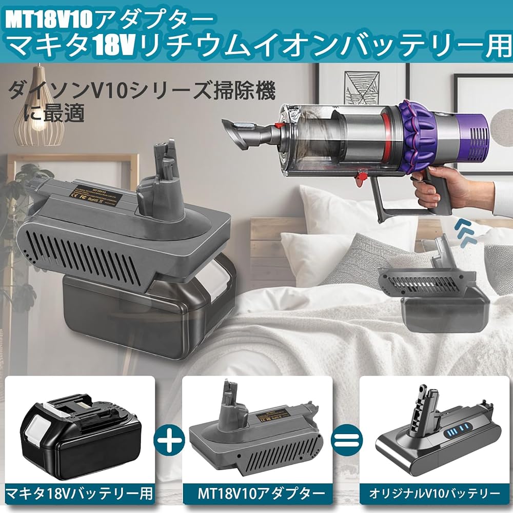 Dyson V10 Battery Adapter for Makita 18V Lithium Battery Compatible with DysonV10 Fluffy/V10 Fluffy+/V10 Absolute/V10 Animal/V10 Motorhead Dyson Vacuum Cleaner Battery Compatible with SV12 Equipped with protection circuit (Wall bracket not supported)