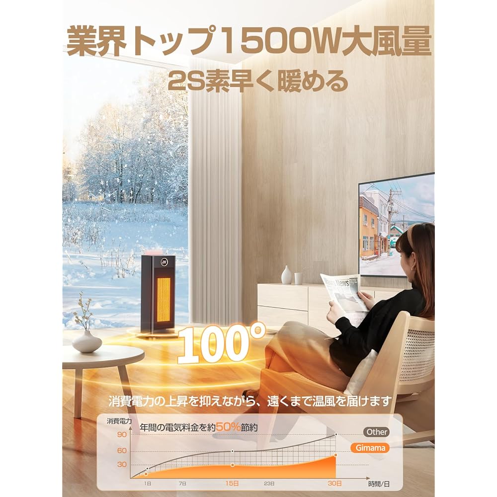 Gimama Ceramic Heater (High Refund Rate) 2-in-1 Design, Humidification Function, 2S Speed Warming, 1,500 W, Large Airflow, Fan Heater, ECO Intelligent Constant Temperature, High Temperature, Medium