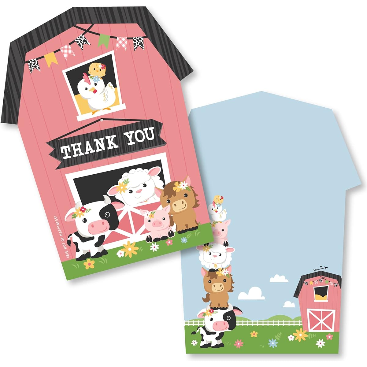 Big Dot of Happiness Girl Farm Animals - Shaped Thank You Cards - Pink Barn Baby Shower Birthday Party Thank You Note Cards with Envelopes - Set of 12