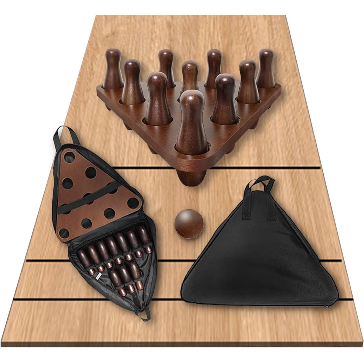 Shuffleboard Bowling Pin Set, Bowling Game for Shuffleboard, Includes 10 Bowling Pins for Shuffleboard, Sand, Hardwood, Brown, Log Color, Bowling Set, Pinsetter, Triangle, Sturdy Carry Bag Included